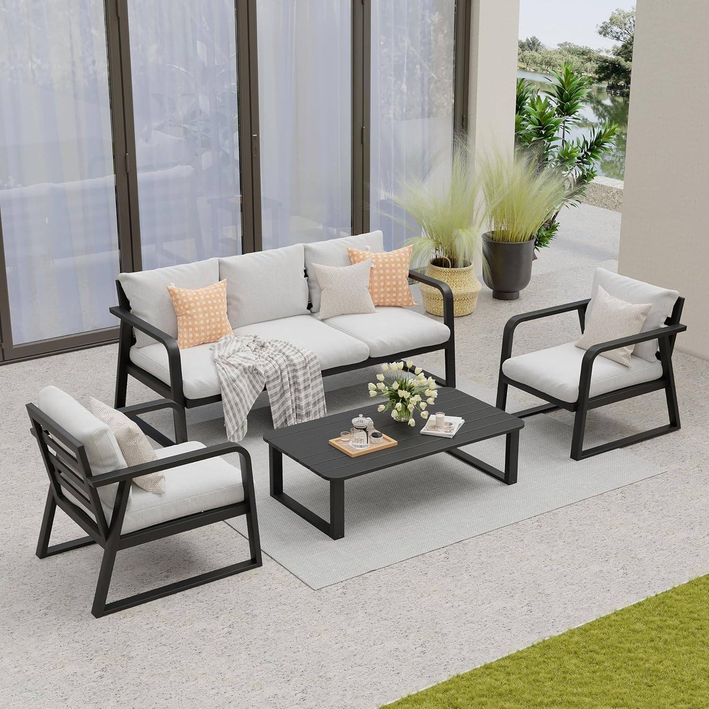 SUGOLD Alume 4 Pieces Outdoor Aluminum Furniture Set,Patio Conversation Sofa Modern Seating Set with Coffee Table