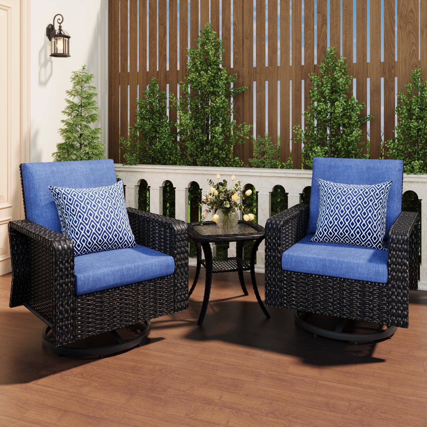 3-Piece Hand Woven Wicker Patio Seating Group with Blue Cushions