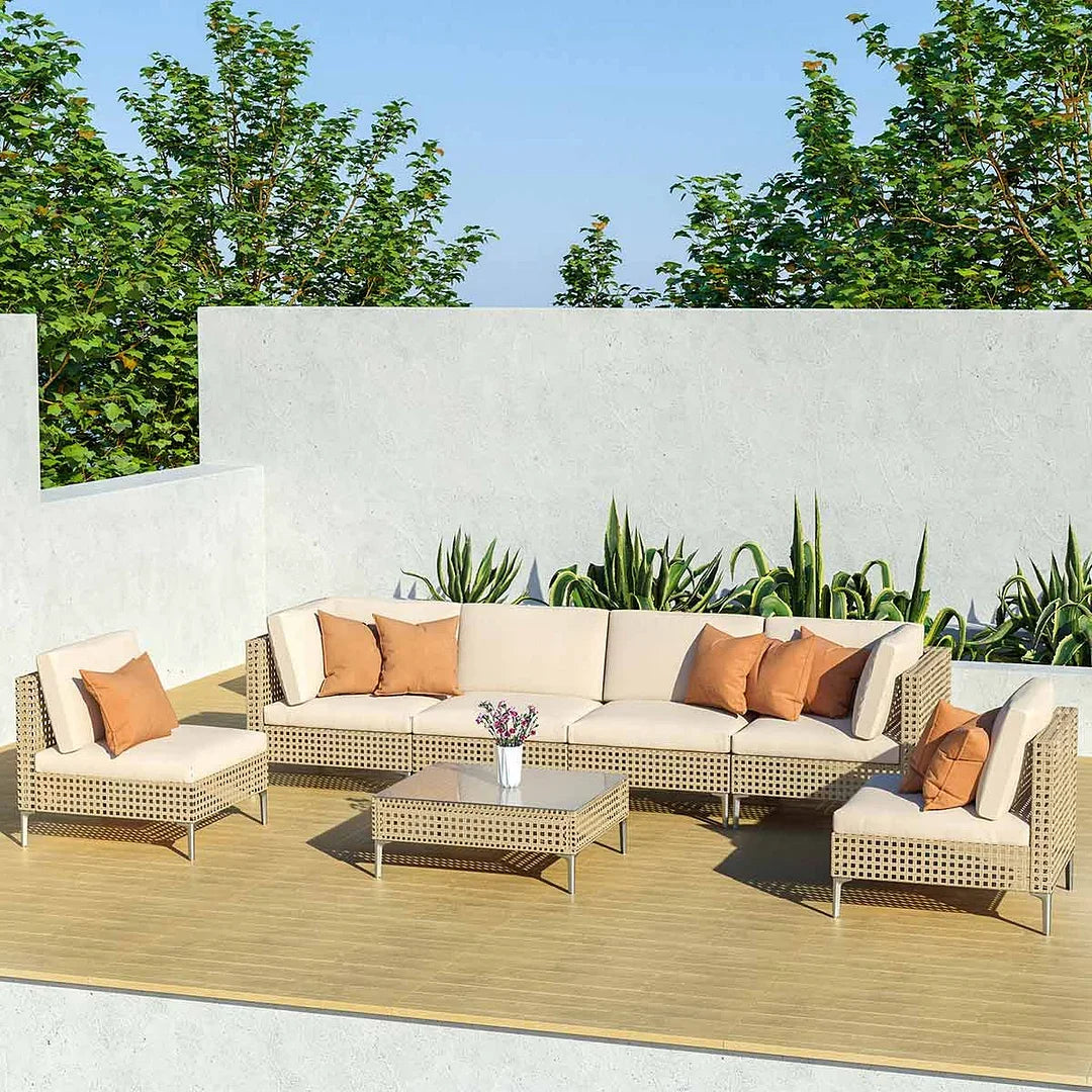 Sugold Pleasantries 7 piece PATIO Wicker Patio Furniture Set, All Weather Outdoor Sectional Sofa with Beige Thick Cushions