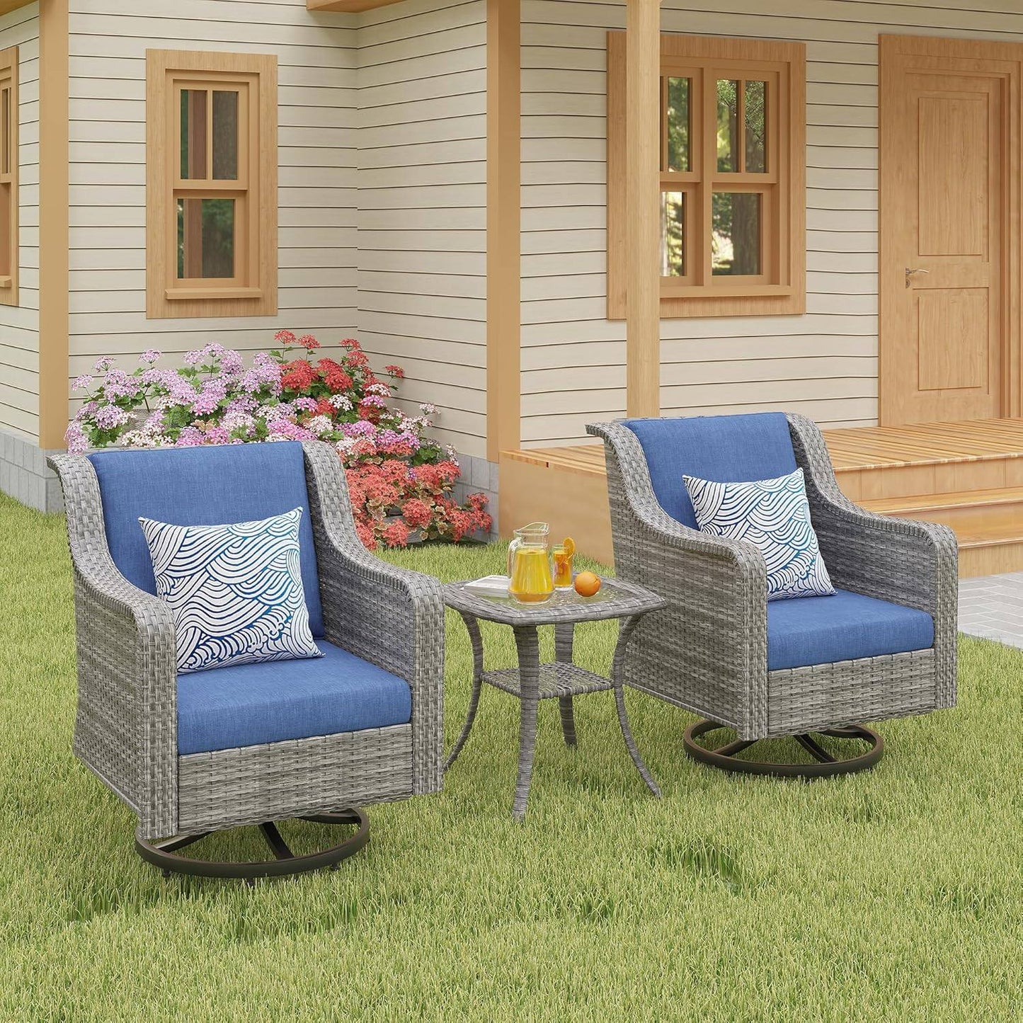 Patio Furniture Set 3 PCS, Outdoor Swivel Rocking Chairs with Side Table, High Back Outdoor Furniture Set with Comfy Cushions for Backyard, Garden, Lawn, Poolside