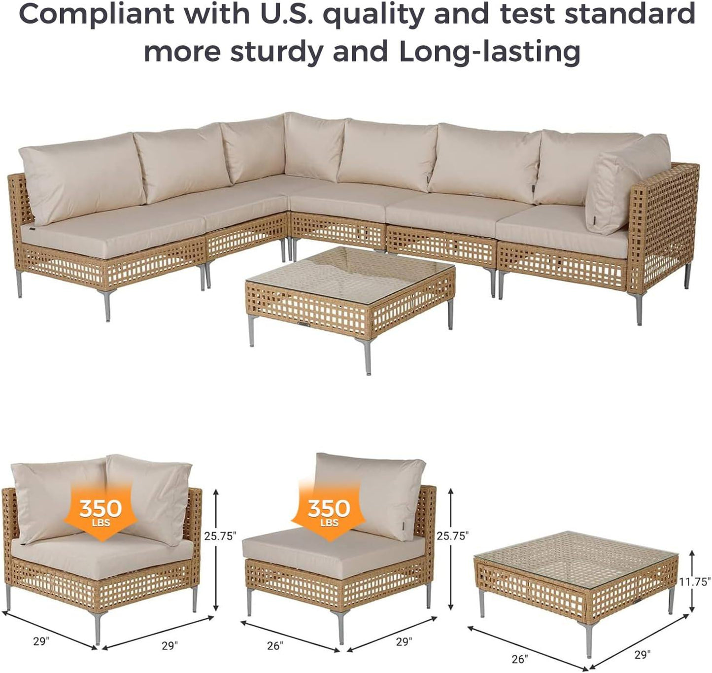 Sugold Pleasantries 7 piece PATIO Wicker Patio Furniture Set, All Weather Outdoor Sectional Sofa with Beige Thick Cushions