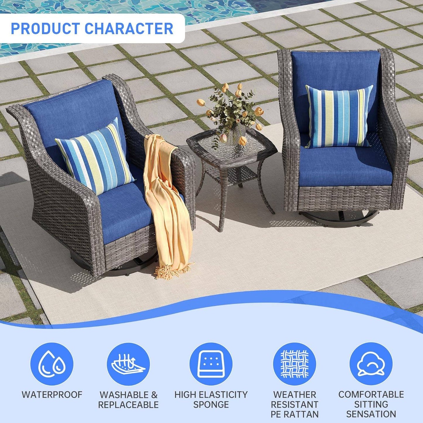 Patio Furniture Set 3 PCS, Outdoor Swivel Rocking Chairs with Side Table, High Back Outdoor Furniture Set with Comfy Cushions for Backyard, Garden, Lawn, Poolside