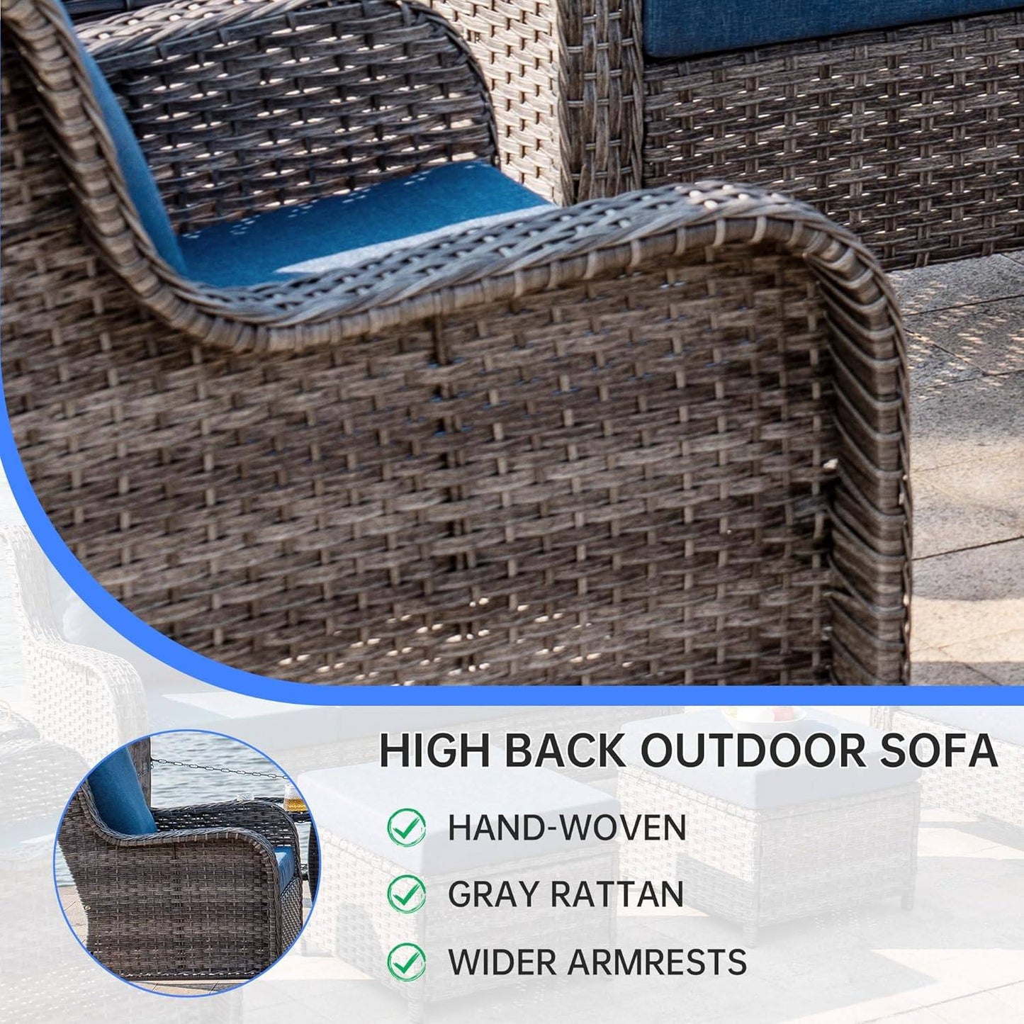 Patio Furniture Set 8 PCS, Swivel Rocking Chairs Ottomans with Side Table, High Back Outdoor Furniture Set with Cushions for Backyard, Garden, Lawn, Poolside