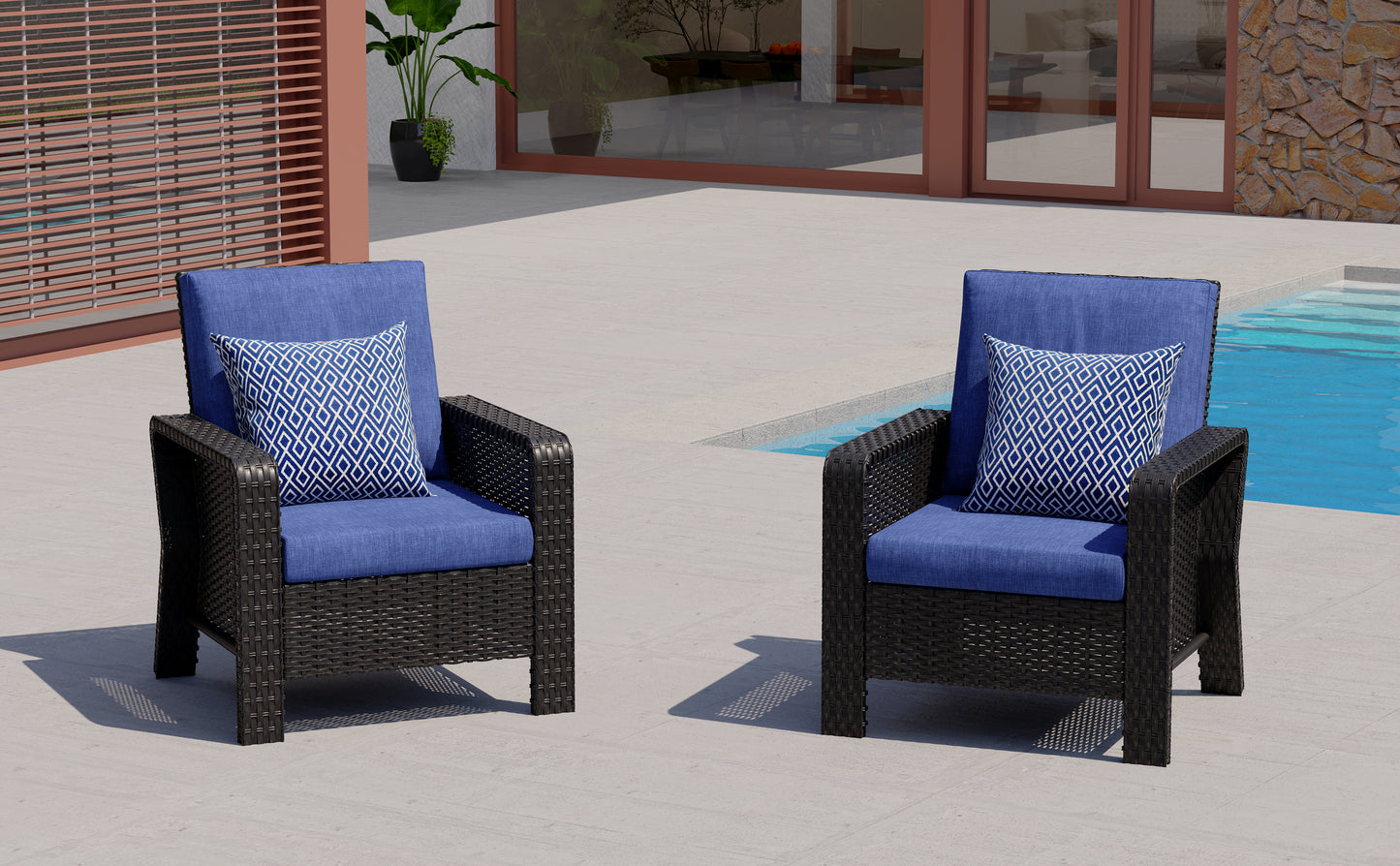 2-Piece Hand Woven Wicker Patio Seating Group with Blue Cushions