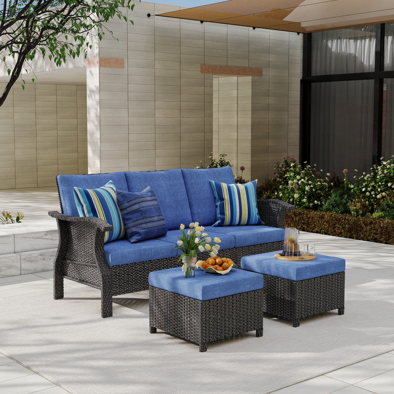 3-Piece Hand Woven Wicker Patio Seating Group with Blue Cushions
