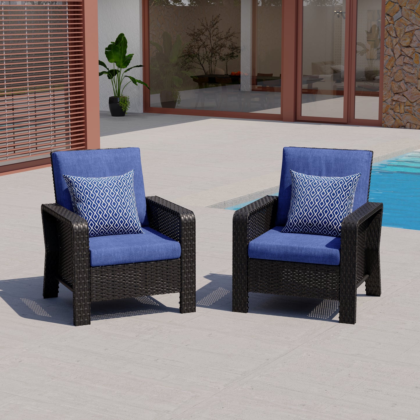 2-Piece Hand Woven Wicker Patio Seating Group with Blue Cushions