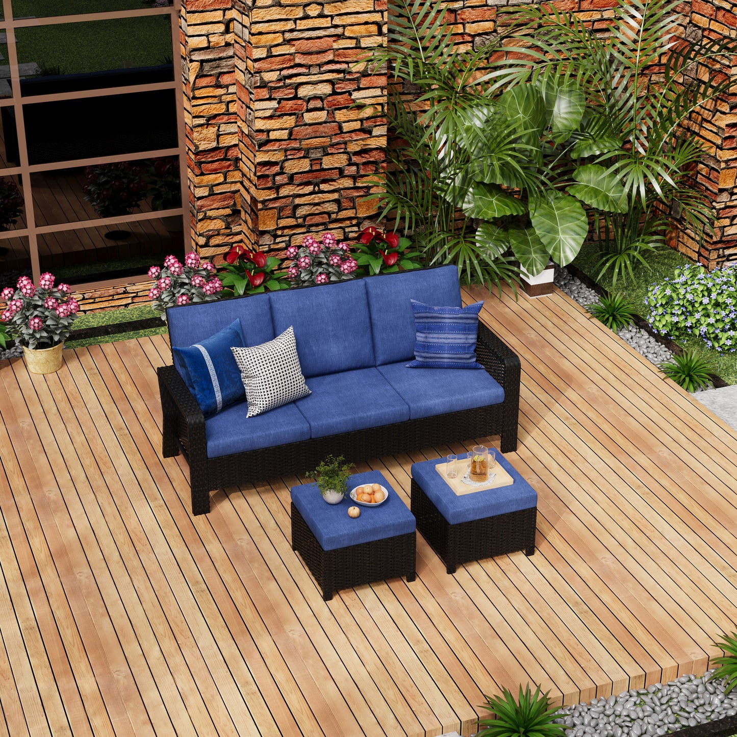 3-Piece Hand Woven Wicker Patio Seating Group with Blue Cushions
