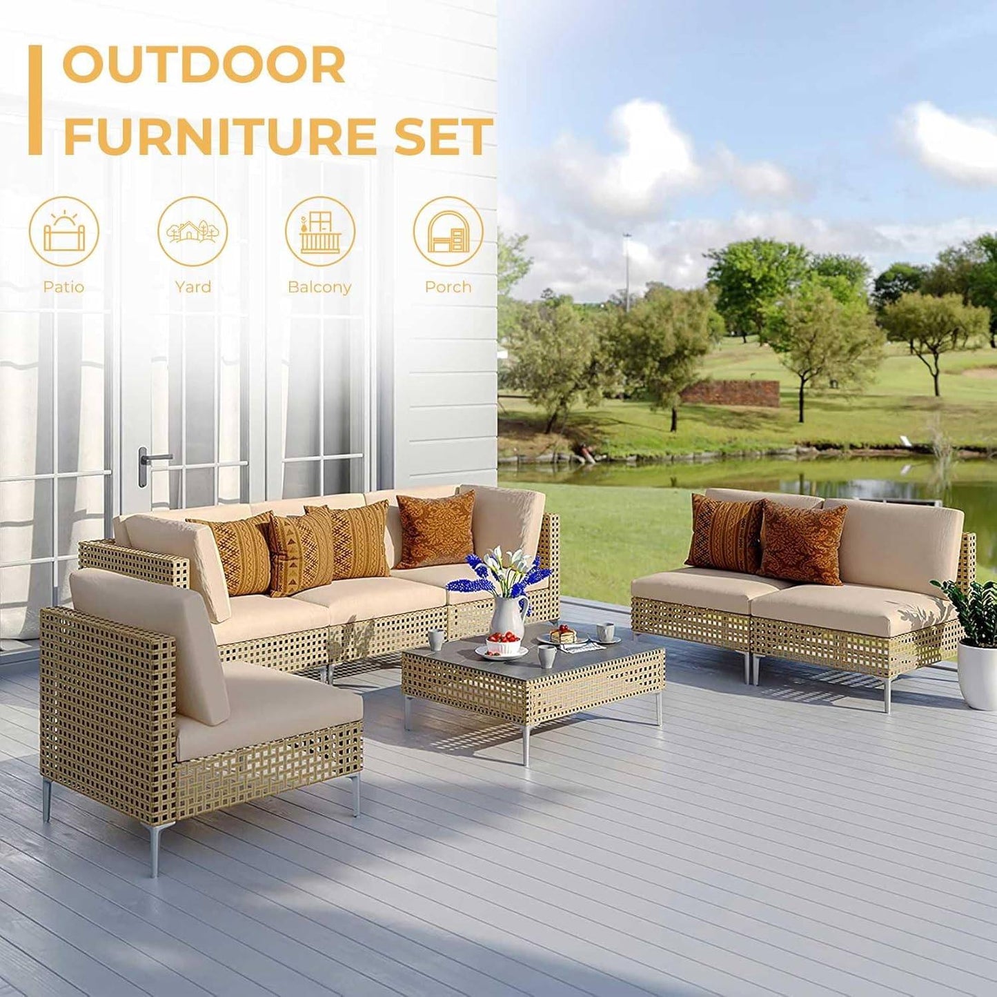 Sugold Pleasantries 7 piece PATIO Wicker Patio Furniture Set, All Weather Outdoor Sectional Sofa with Beige Thick Cushions