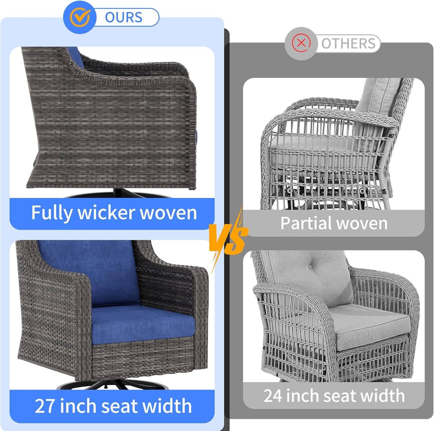 Patio Furniture Set 3 PCS, Outdoor Swivel Rocking Chairs with Side Table, High Back Outdoor Furniture Set with Comfy Cushions for Backyard, Garden, Lawn, Poolside