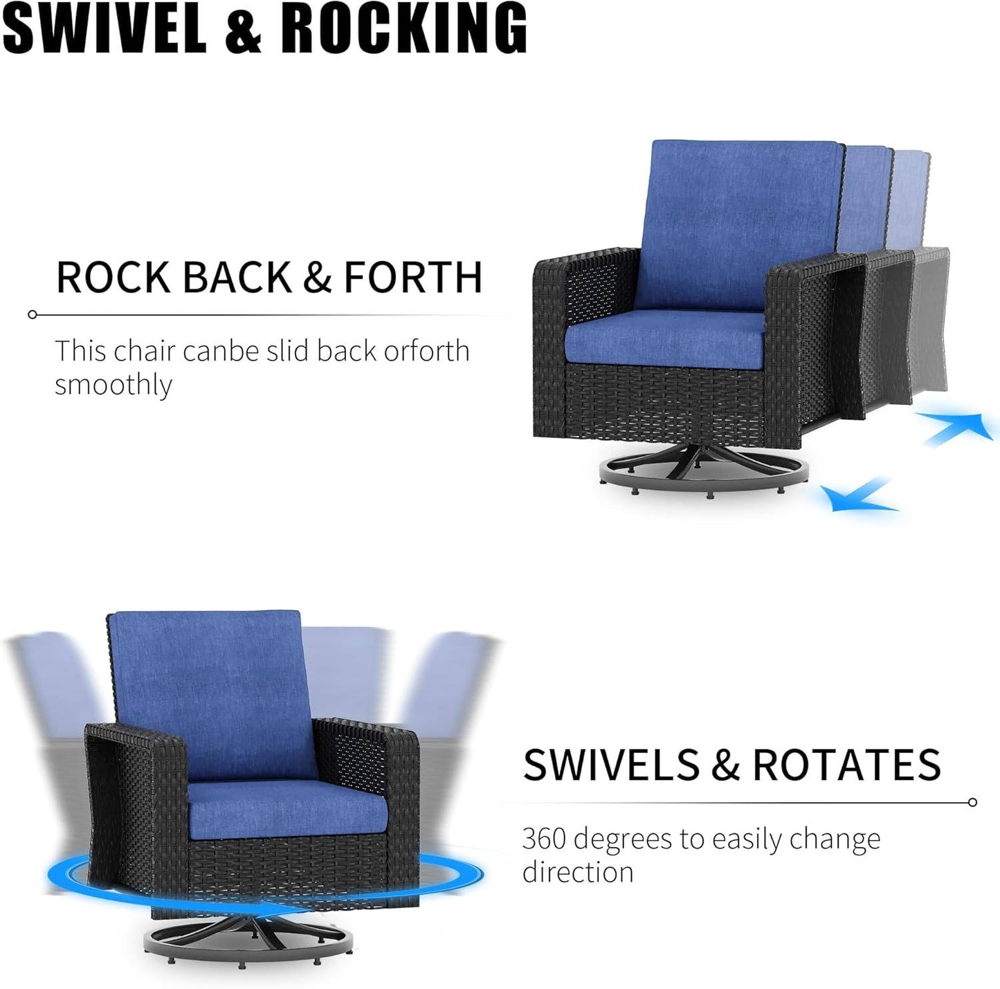 Sugold Signature 6 Pieces Outdoor Patio Furniture Set with Swivel Rocker Chairs, Wicker Sectional Conversation Sets with Comfortable Blue Cushions for Backyard, Porch