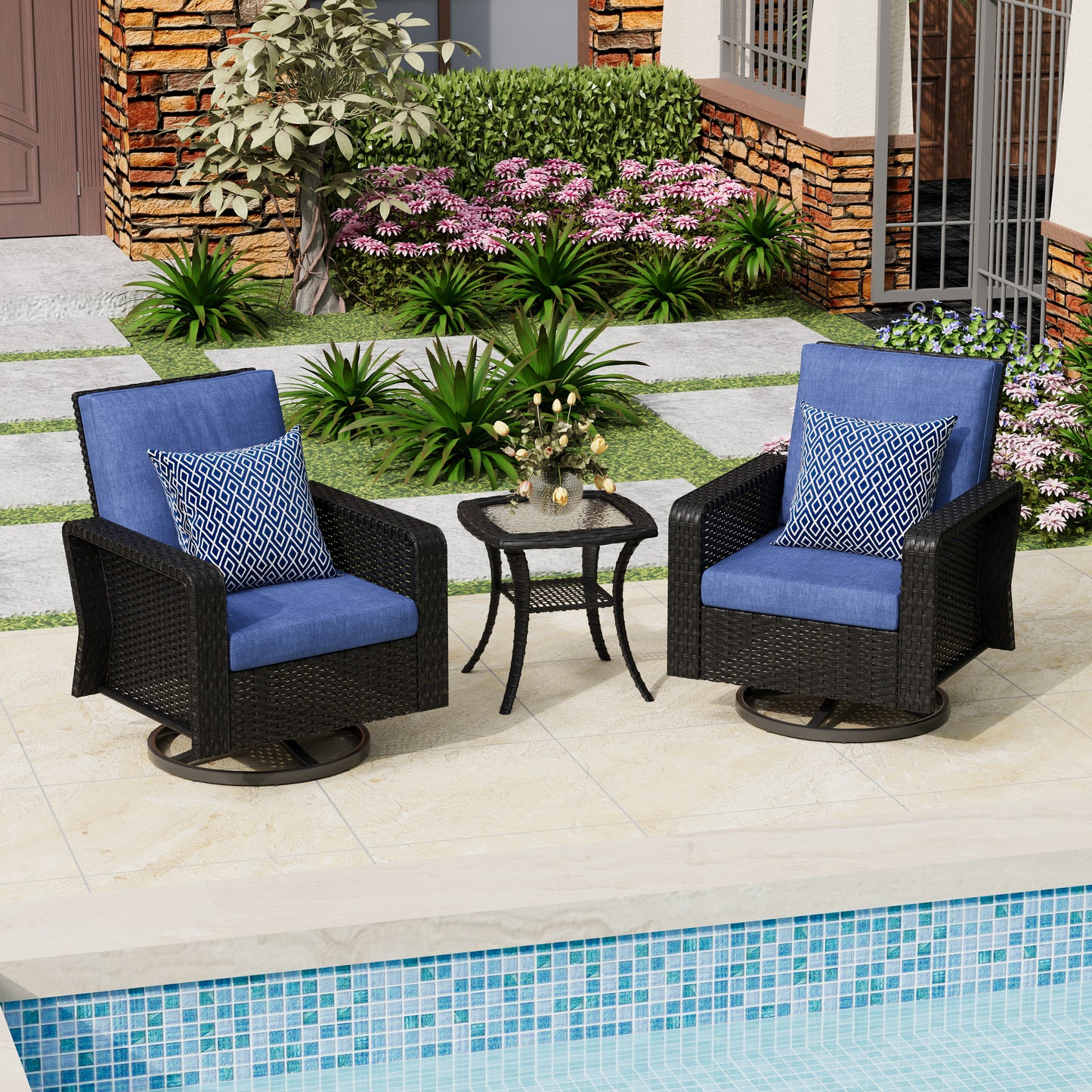 3-Piece Hand Woven Wicker Patio Seating Group with Blue Cushions