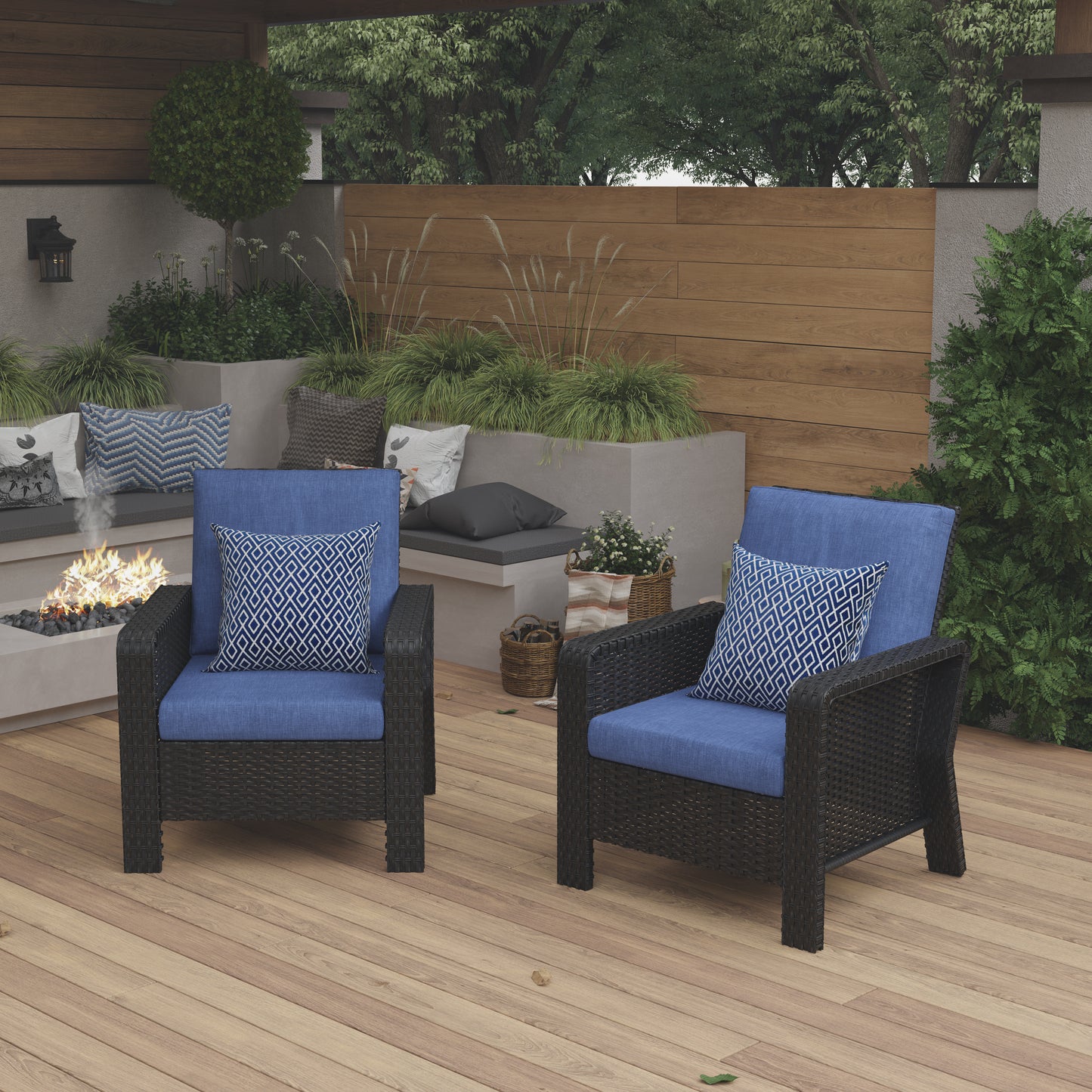 2-Piece Hand Woven Wicker Patio Seating Group with Blue Cushions