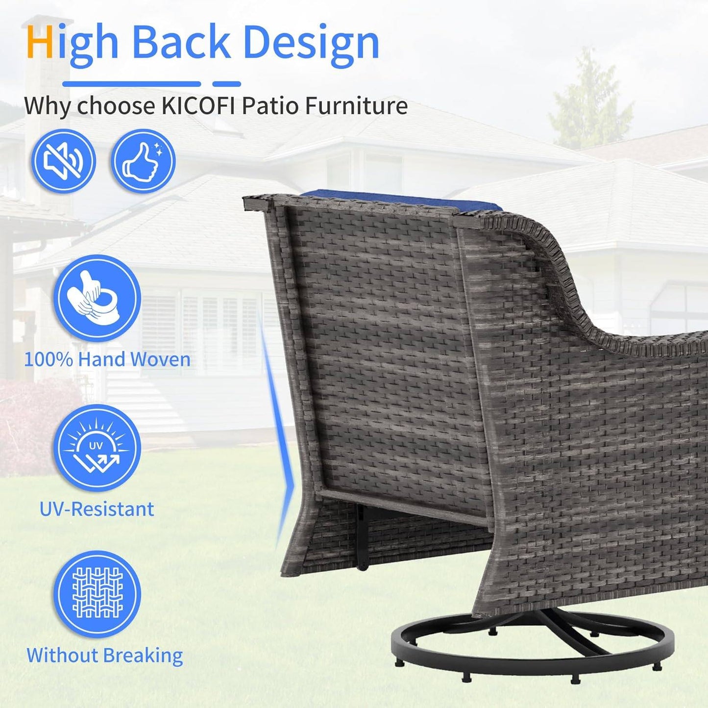 Patio Furniture Set 3 PCS, Outdoor Swivel Rocking Chairs with Side Table, High Back Outdoor Furniture Set with Comfy Cushions for Backyard, Garden, Lawn, Poolside