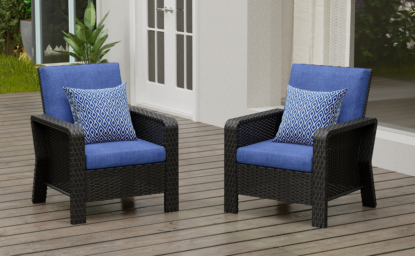 2-Piece Hand Woven Wicker Patio Seating Group with Blue Cushions