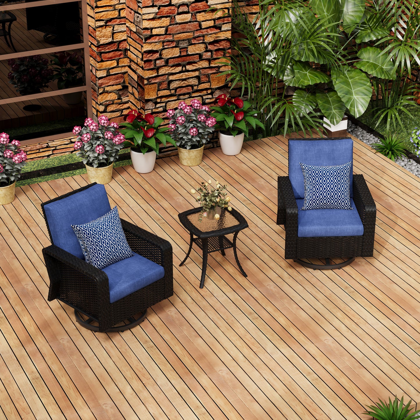 3-Piece Hand Woven Wicker Patio Seating Group with Blue Cushions