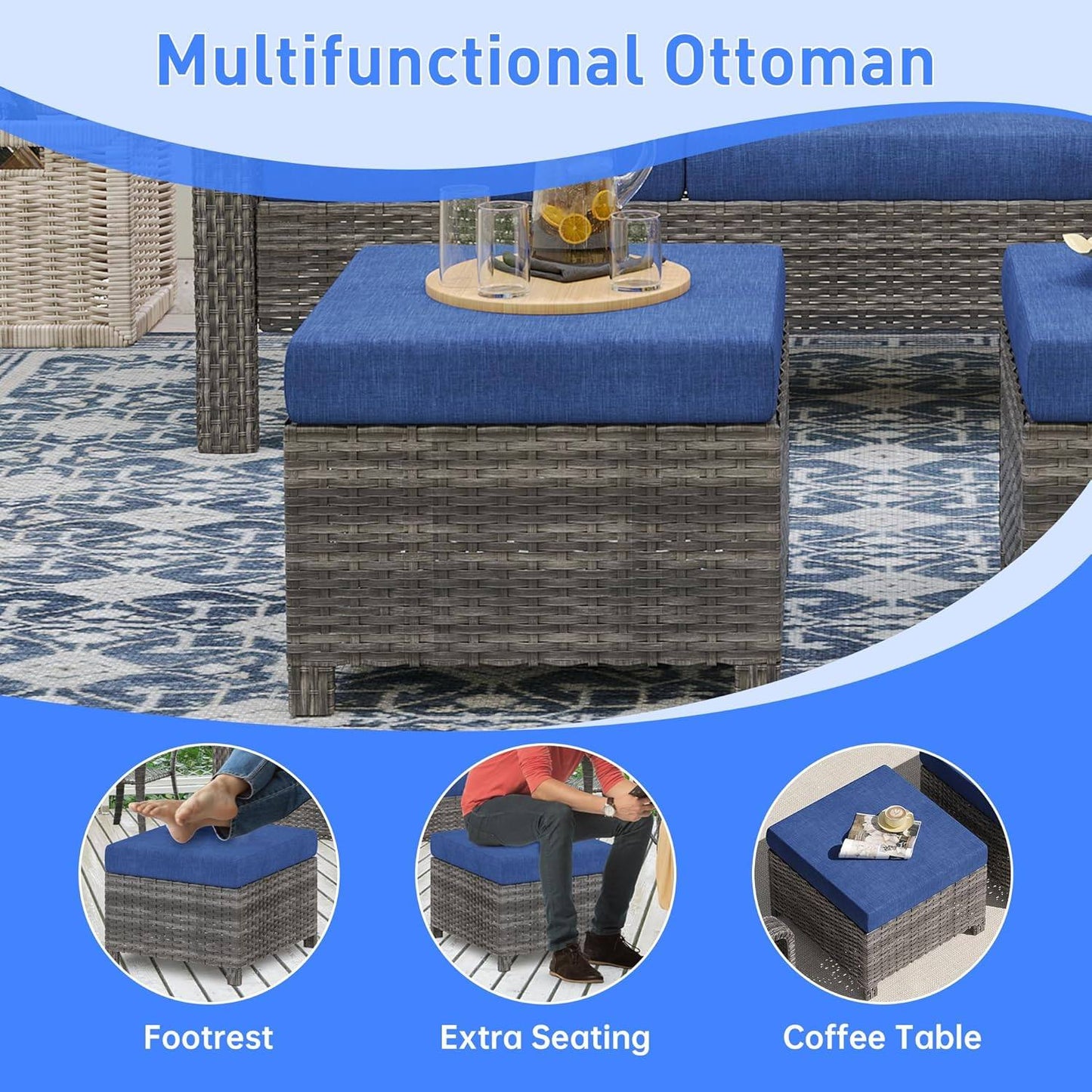 Patio Furniture Set 8 PCS, Swivel Rocking Chairs Ottomans with Side Table, High Back Outdoor Furniture Set with Cushions for Backyard, Garden, Lawn, Poolside