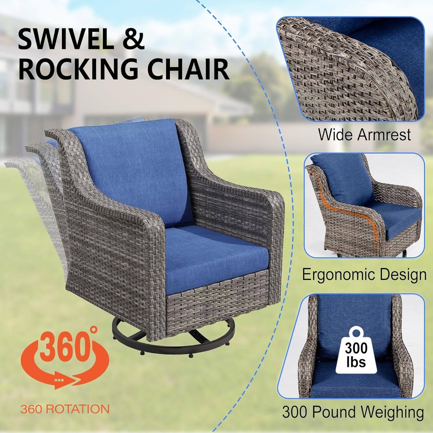 Patio Furniture Set 3 PCS, Outdoor Swivel Rocking Chairs with Side Table, High Back Outdoor Furniture Set with Comfy Cushions for Backyard, Garden, Lawn, Poolside
