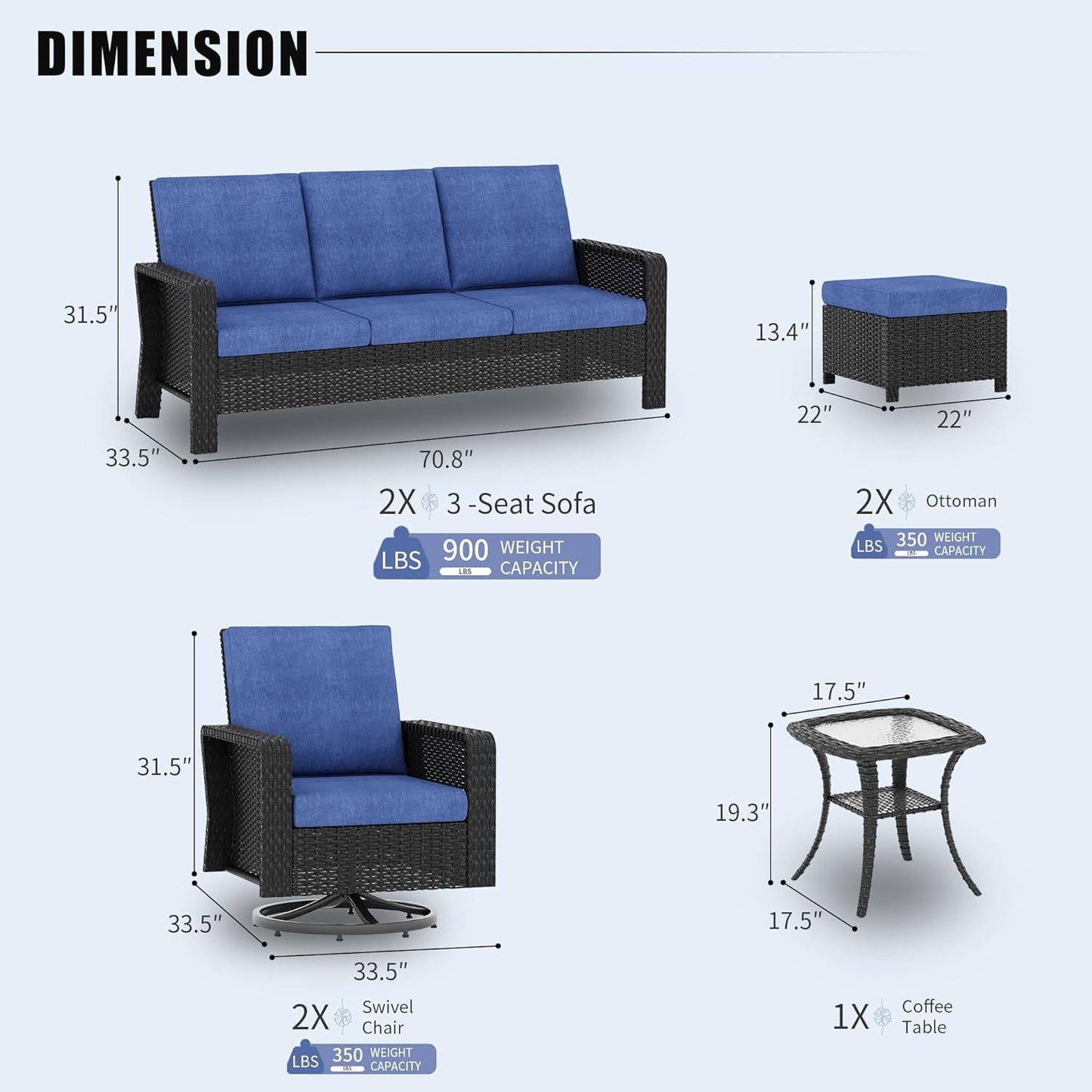 Sugold Signature 6 Pieces Outdoor Patio Furniture Set with Swivel Rocker Chairs, Wicker Sectional Conversation Sets with Comfortable Blue Cushions for Backyard, Porch