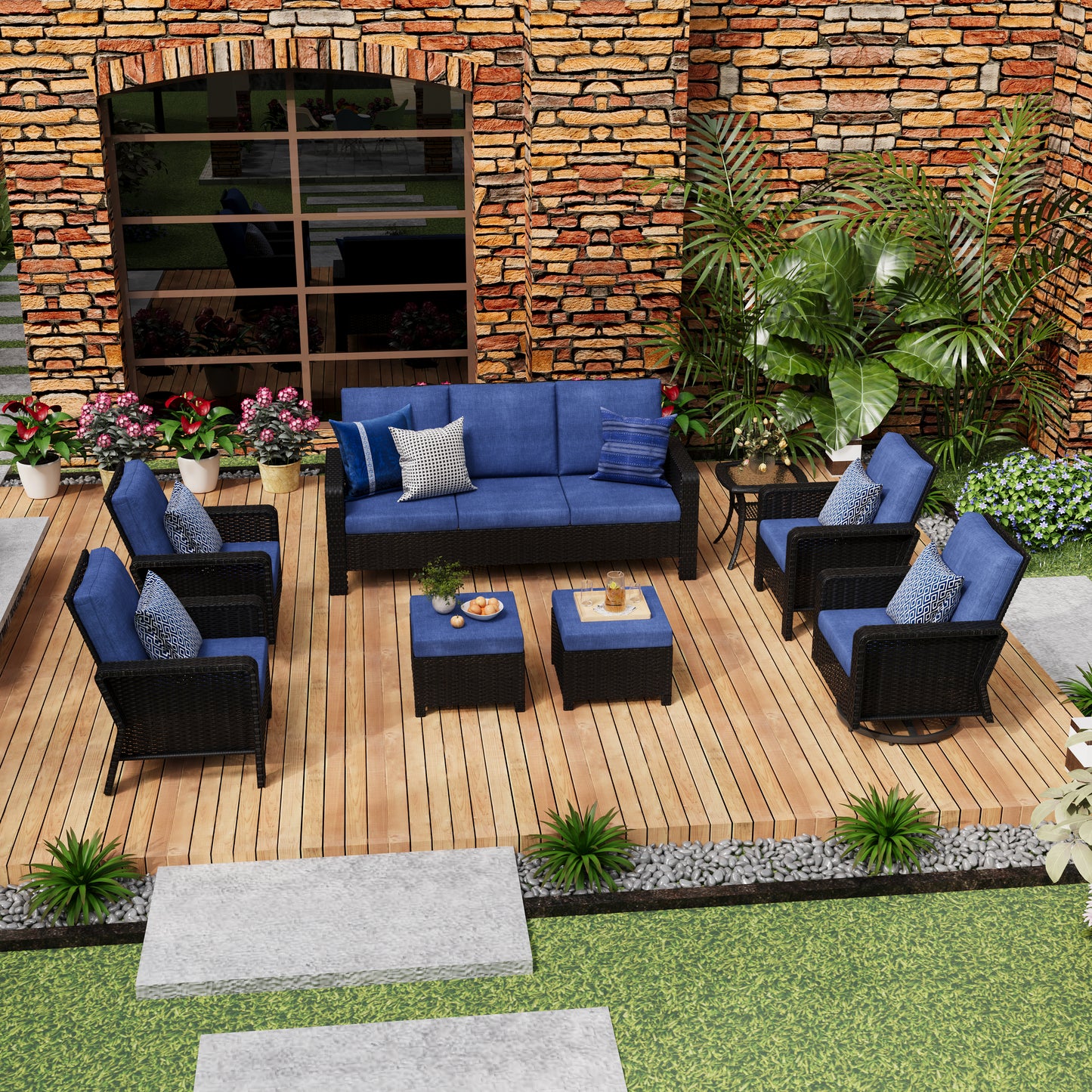 8-Piece Hand Woven Wicker Patio Conversation Set with Blue Cushions