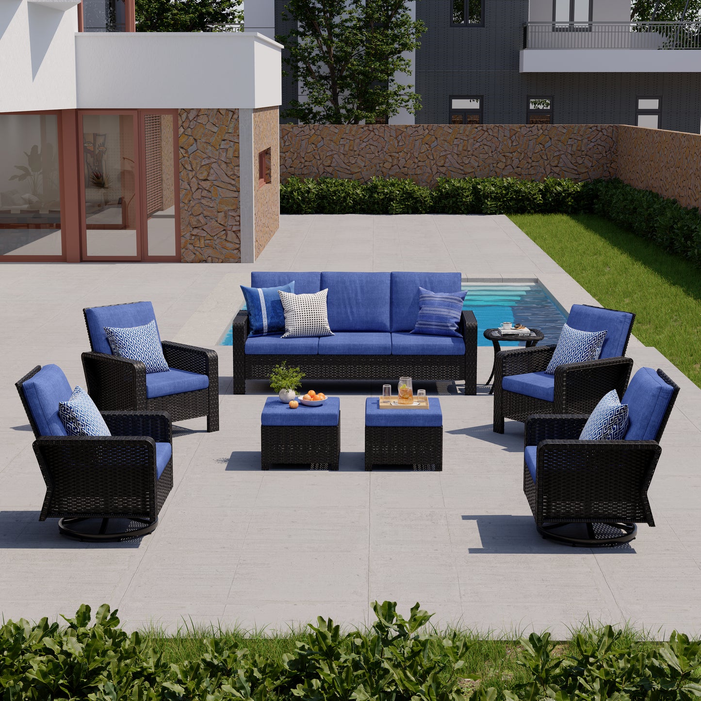 8-Piece Hand Woven Wicker Patio Conversation Set with Blue Cushions