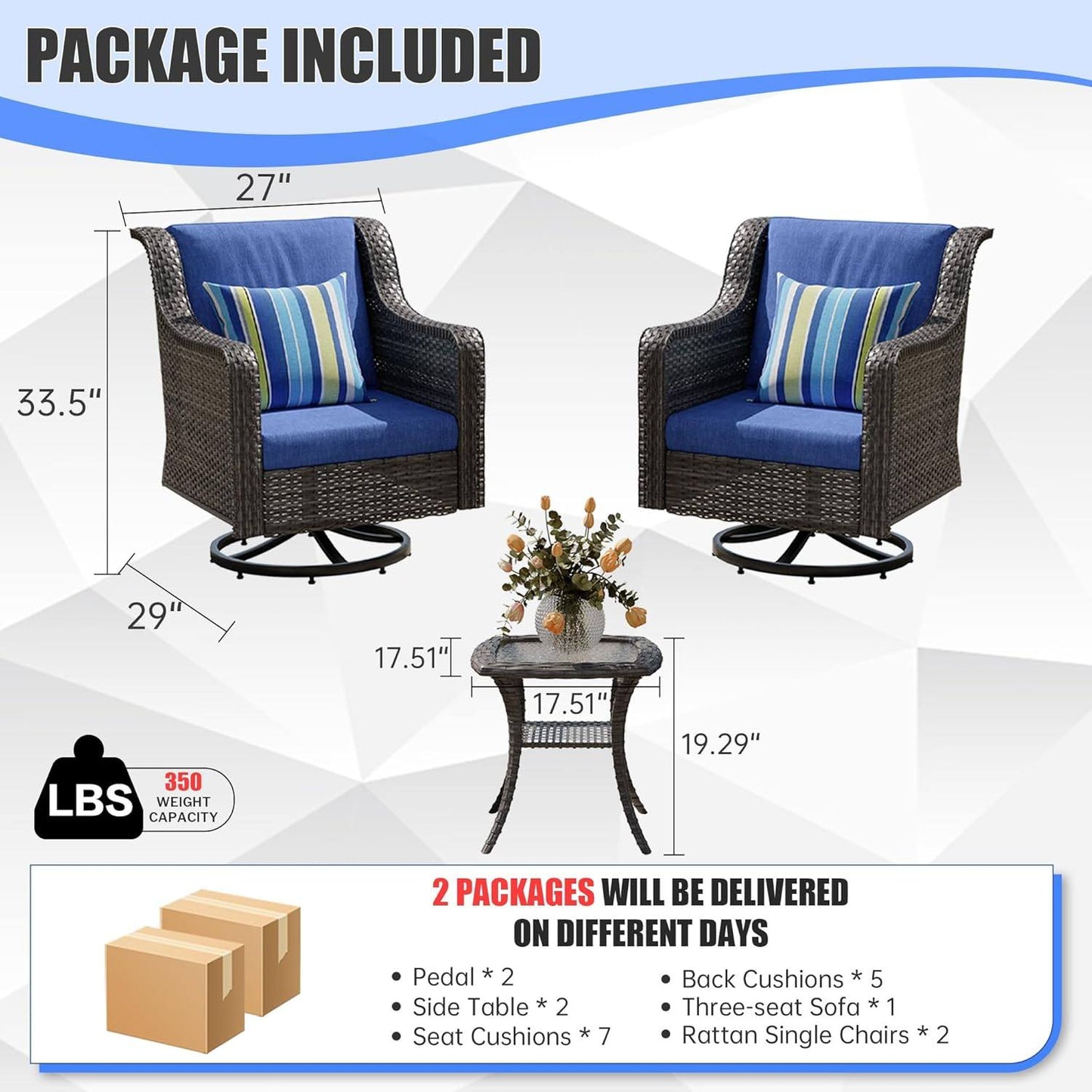 Patio Furniture Set 3 PCS, Outdoor Swivel Rocking Chairs with Side Table, High Back Outdoor Furniture Set with Comfy Cushions for Backyard, Garden, Lawn, Poolside