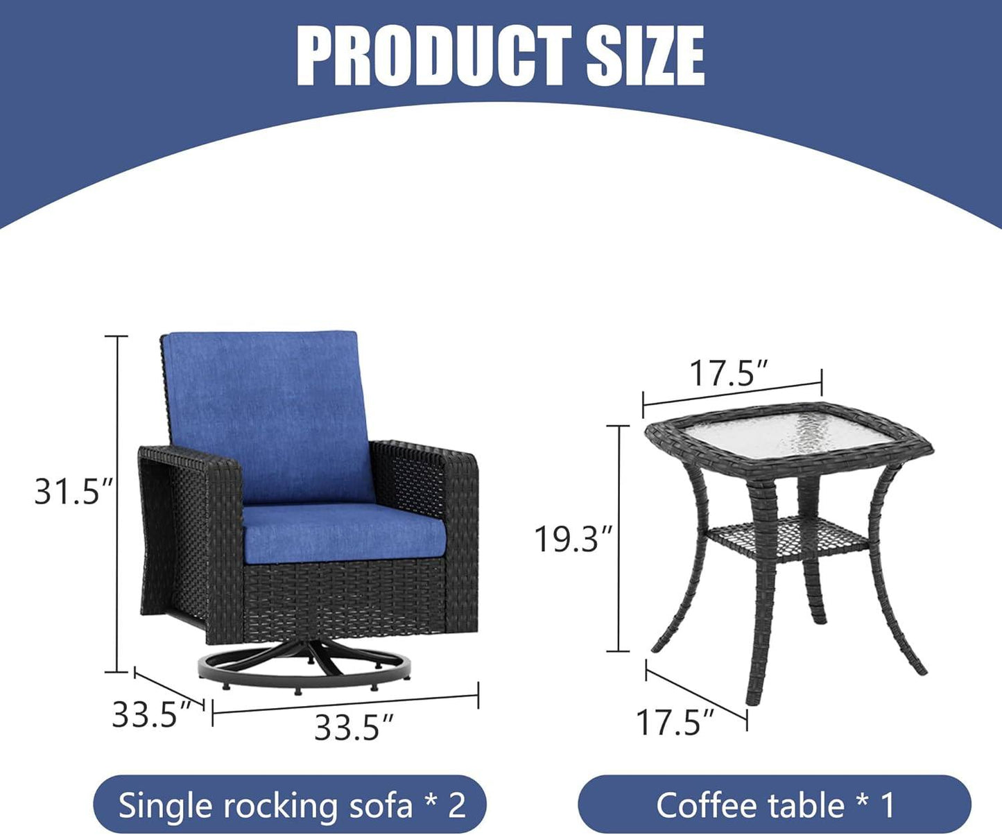 2 Pieces Patio Furniture Set,Outdoor Swivel Rocker Patio Chairs Set with Side Table,All Weather High Back Wicker Patio Conversation Sets for Outside Garden Poolside Backyard,Blue