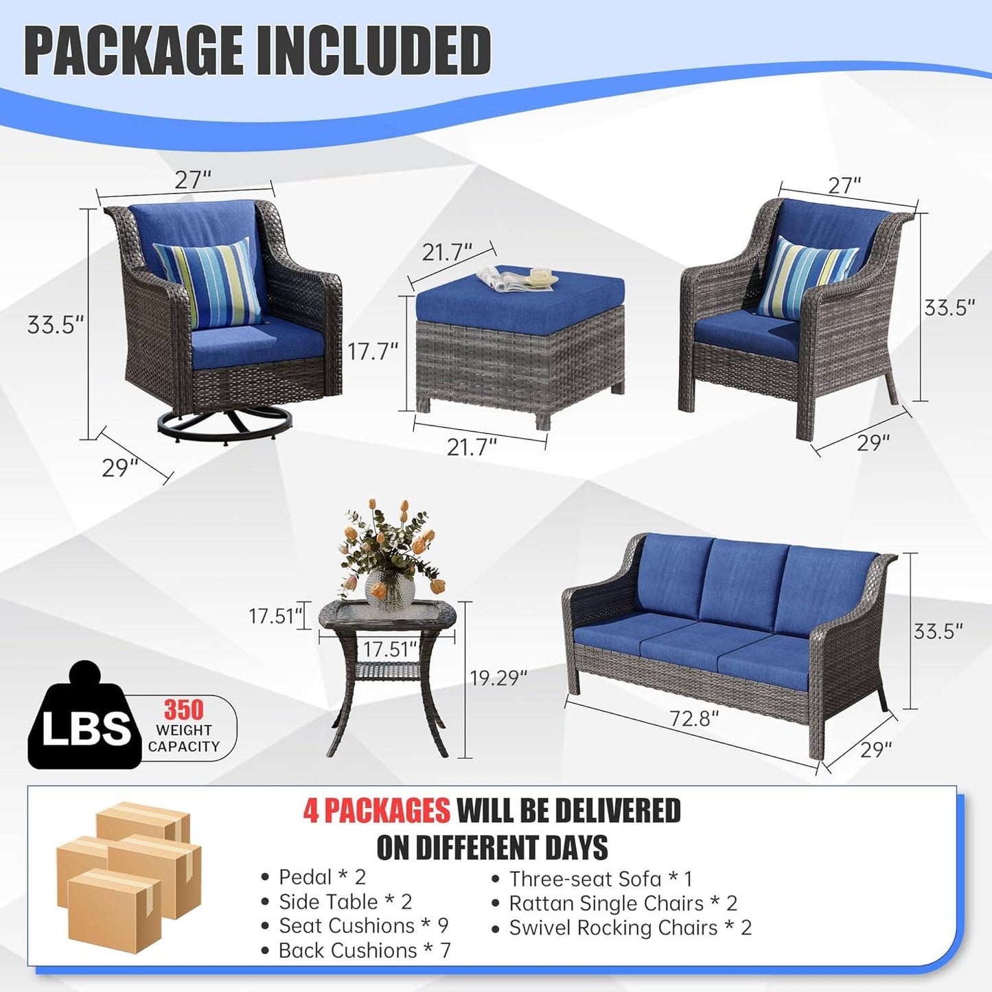 Patio Furniture Set 8 PCS, Swivel Rocking Chairs Ottomans with Side Table, High Back Outdoor Furniture Set with Cushions for Backyard, Garden, Lawn, Poolside