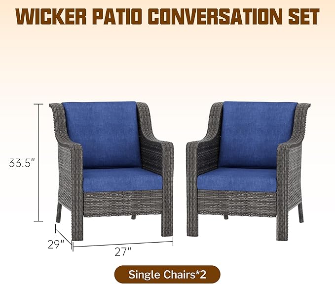 2 Pieces Patio Furniture Set,PE Rattan Wicker Chairs Outdoor with Cushions Conversation Patio Furniture Set for Garden,Backyard, Bistro (Navy Blue Cushion)