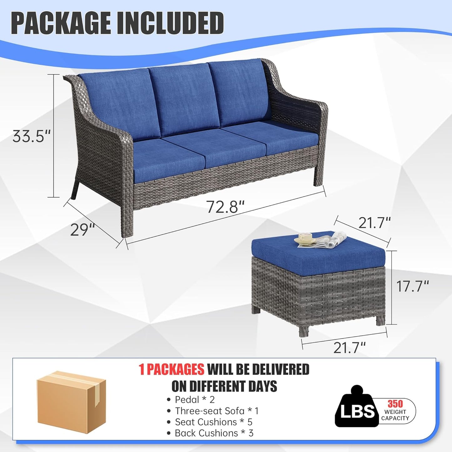 Patio Furniture Set 1 PCS, Outdoor Rattan Sofa Set, High Back Outdoor Furniture Set with Comfy Cushions and Ottomans for Backyard, Garden, Balcony, Poolside
