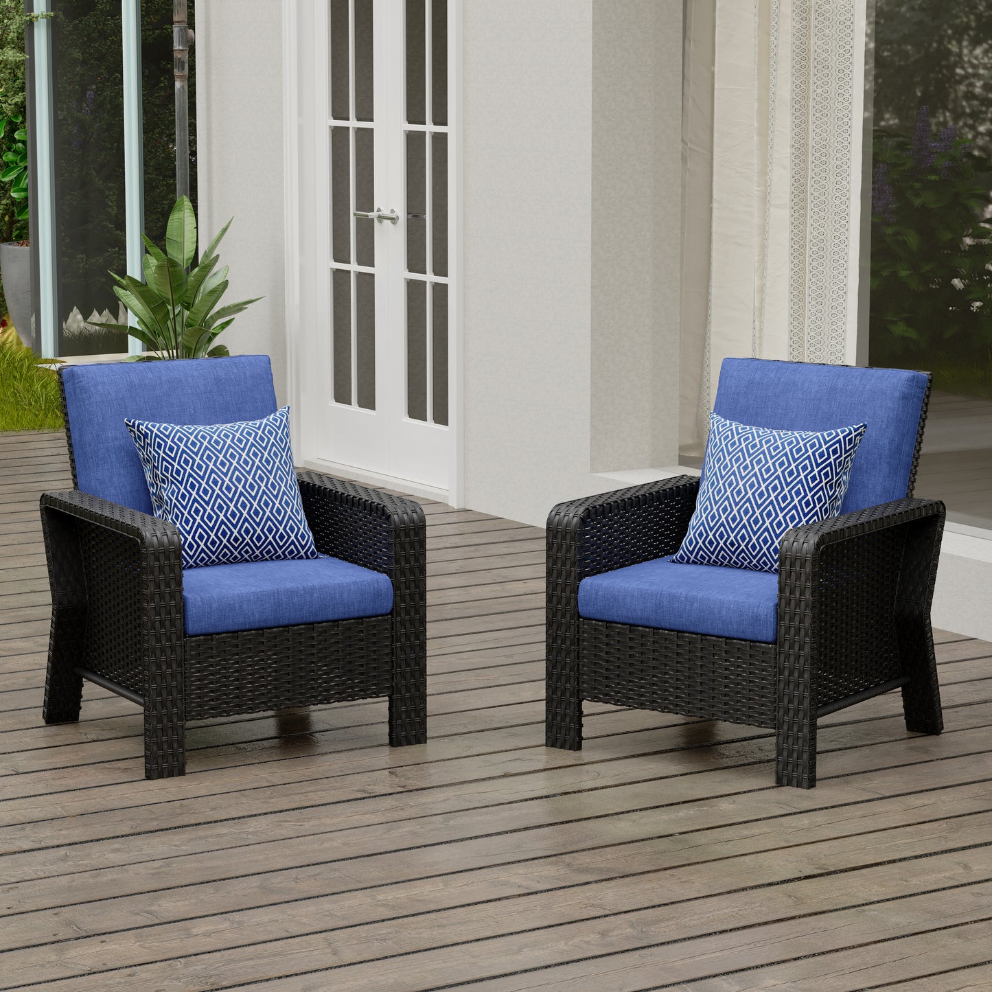 2-Piece Hand Woven Wicker Patio Seating Group with Blue Cushions