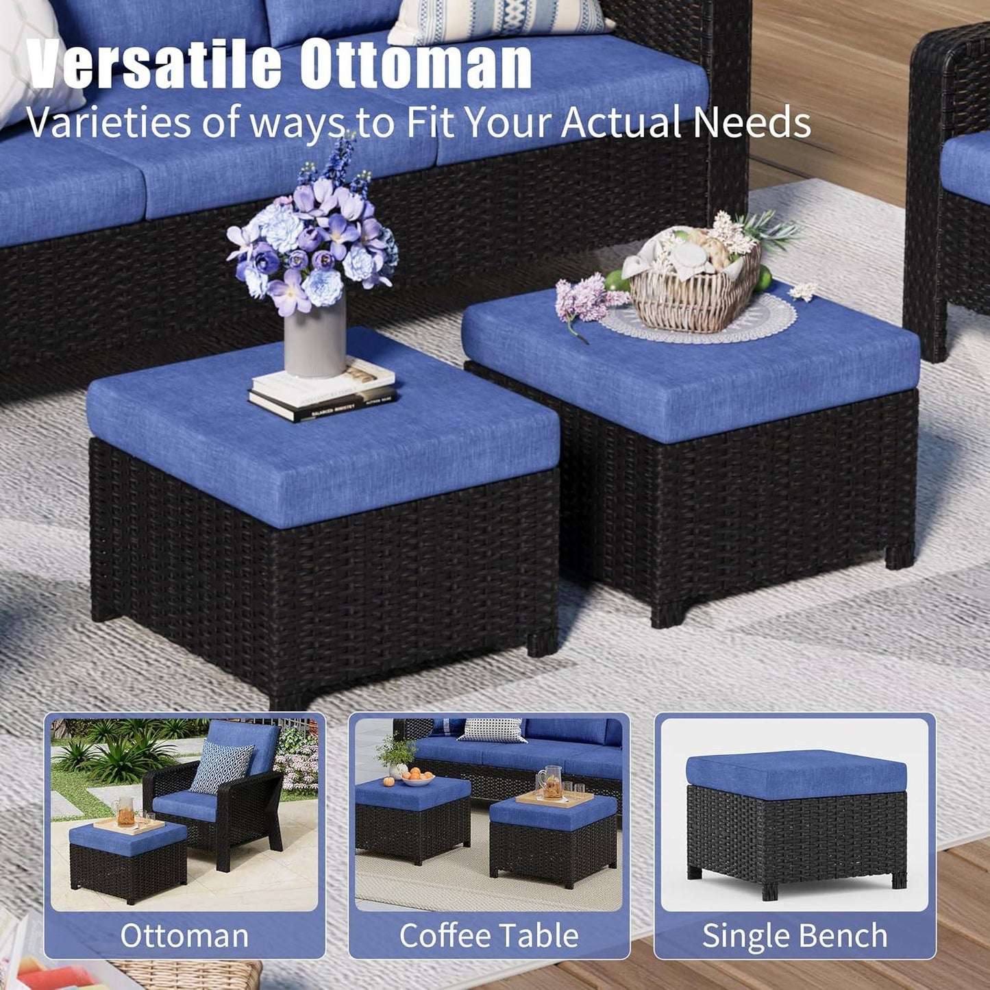 Sugold Signature 6 Pieces Outdoor Patio Furniture Set with Swivel Rocker Chairs, Wicker Sectional Conversation Sets with Comfortable Blue Cushions for Backyard, Porch