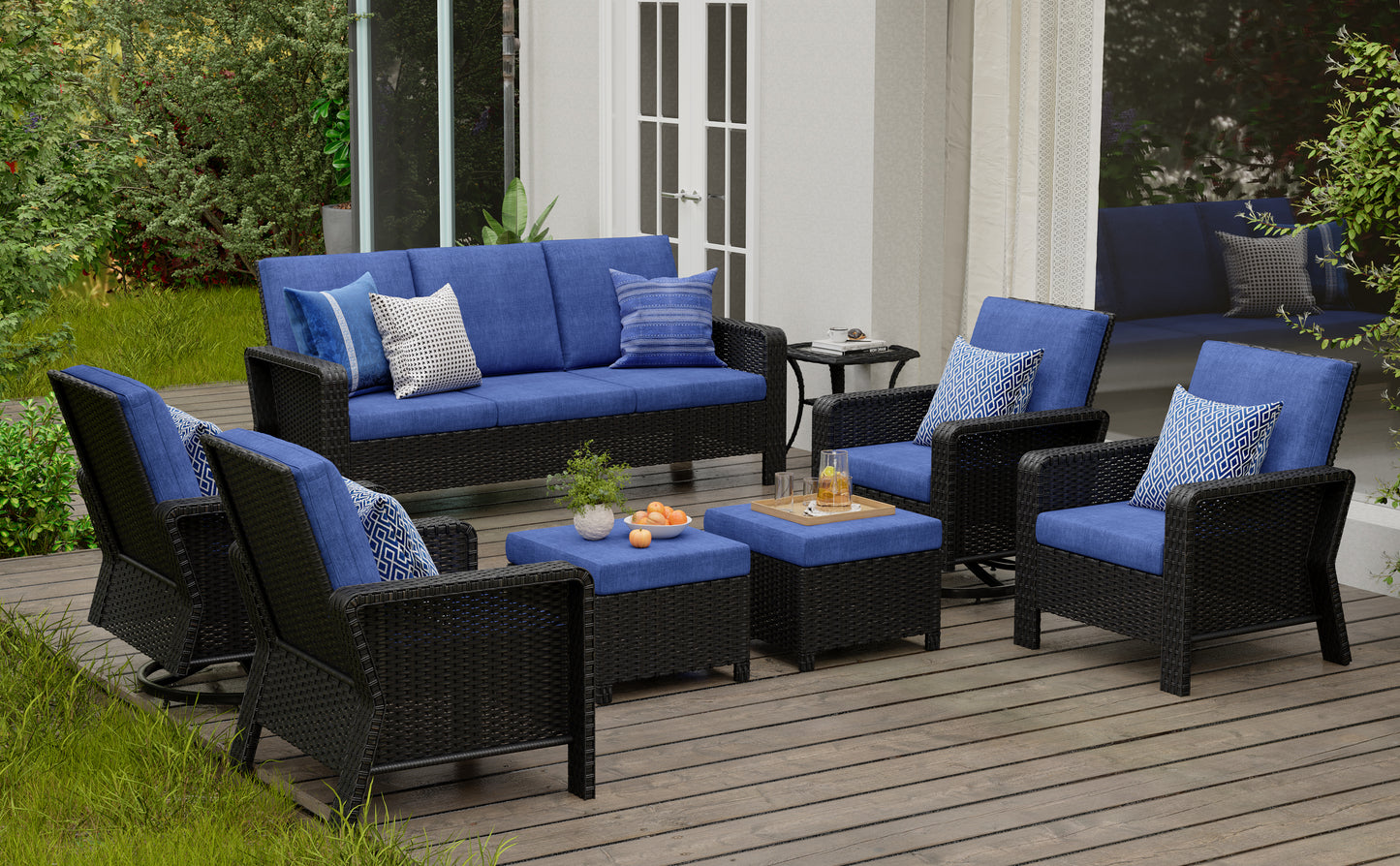 8-Piece Hand Woven Wicker Patio Conversation Set with Blue Cushions