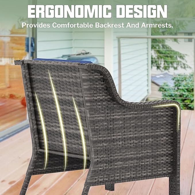 2 Pieces Patio Furniture Set,PE Rattan Wicker Chairs Outdoor with Cushions Conversation Patio Furniture Set for Garden,Backyard, Bistro (Navy Blue Cushion)
