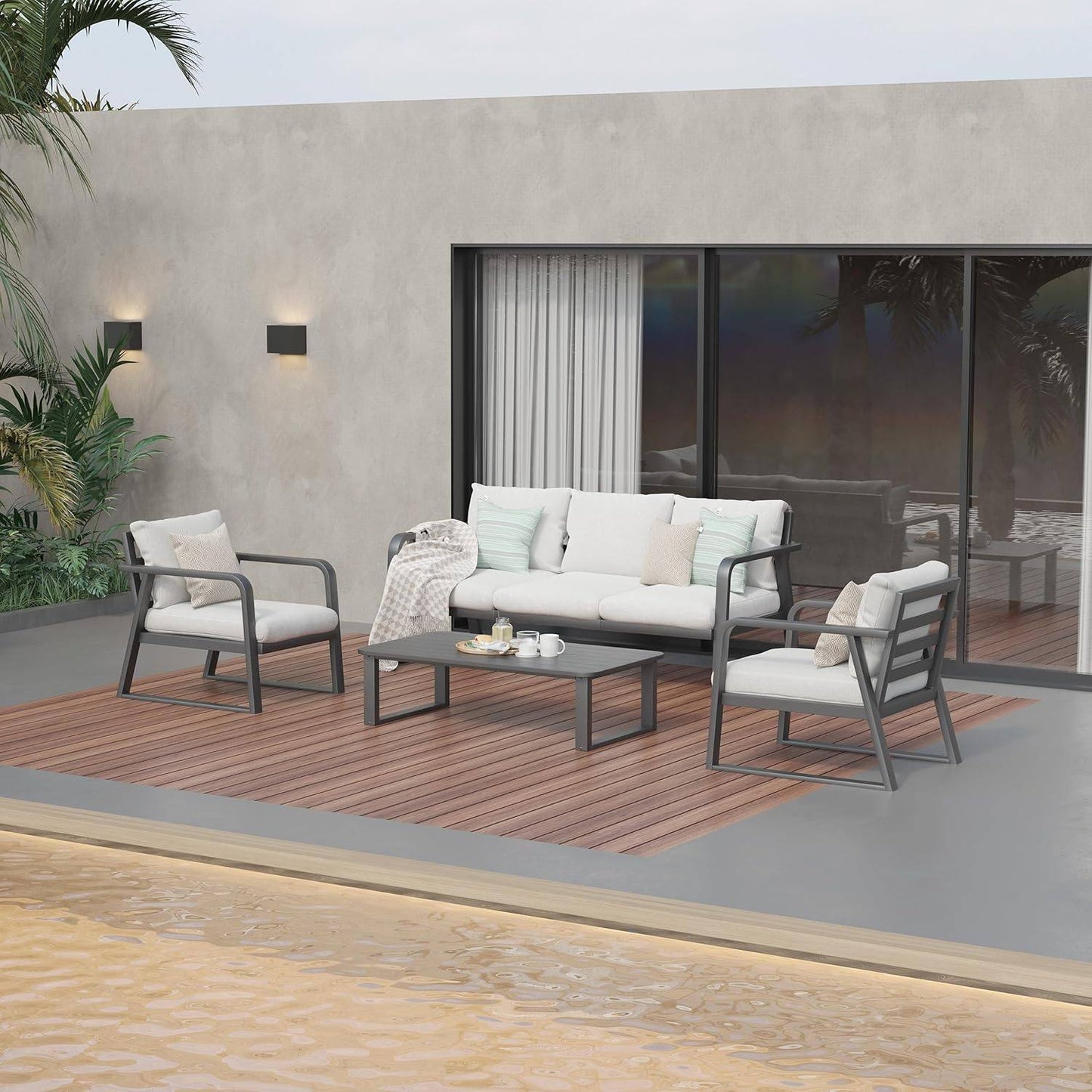 4 Pieces Outdoor Aluminum Furniture Set,Patio Conversation Sofa Modern Seating Set with Coffee Table(Silver Gray)