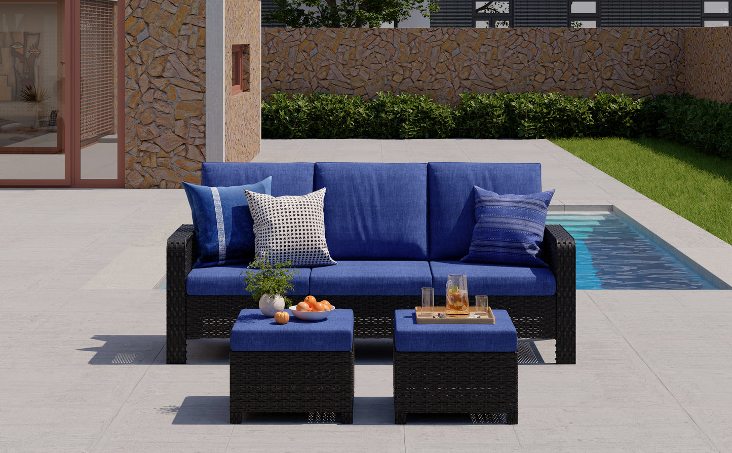 3-Piece Hand Woven Wicker Patio Seating Group with Blue Cushions