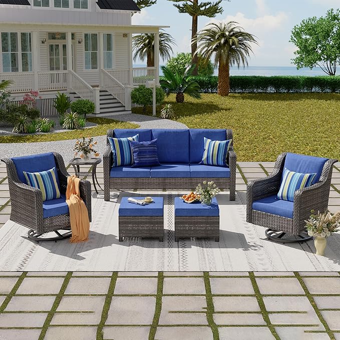 Patio Furniture Set 6 PCS, Wicker Swivel Rocking Chairs with Side Table & Ottomans, High Back Outdoor Furniture Set with Comfortable Cushions for Backyard, Garden, Lawn, Poolside