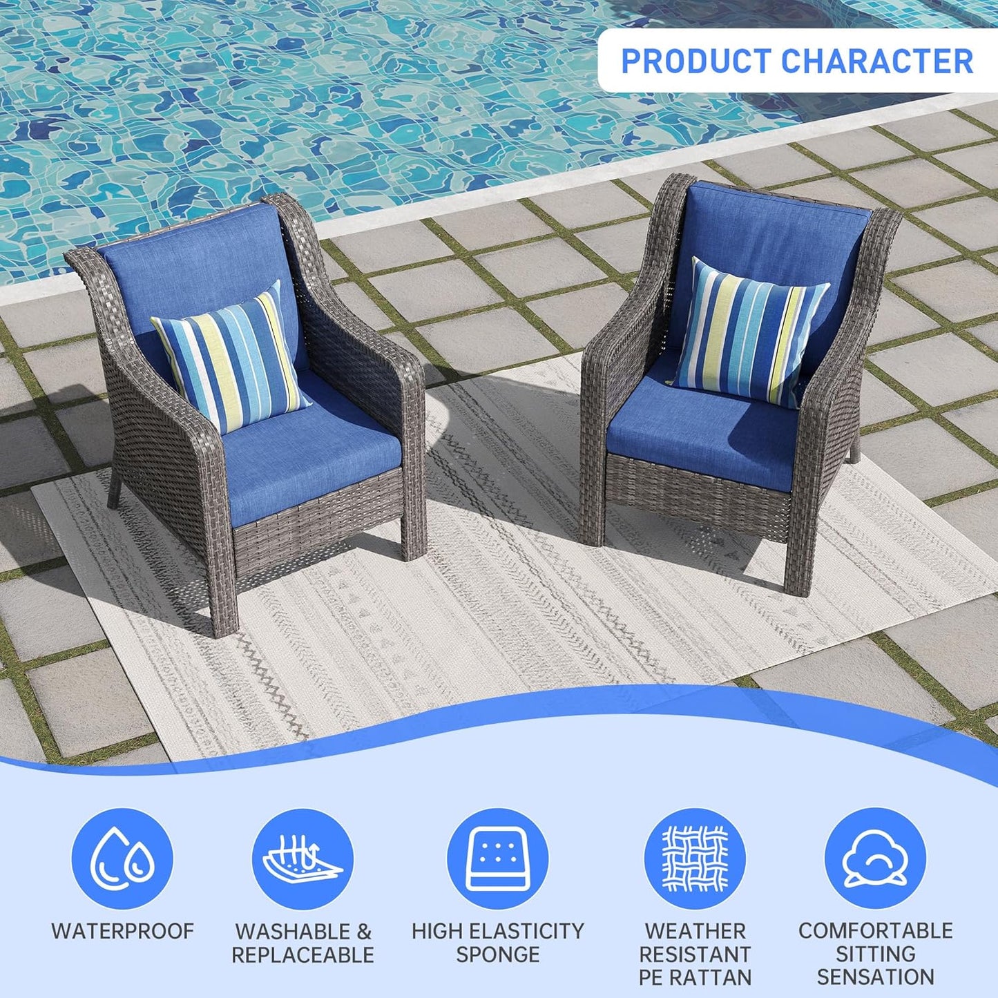 Patio Furniture Set 2 PCS, Outdoor Rattan Chairs Set, High Back Outdoor Furniture Set with Comfy Cushions for Backyard, Garden, Balcony, Poolside