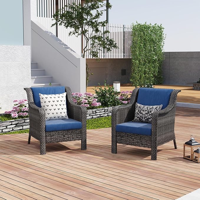 2 Pieces Patio Furniture Set,PE Rattan Wicker Chairs Outdoor with Cushions Conversation Patio Furniture Set for Garden,Backyard, Bistro (Navy Blue Cushion)