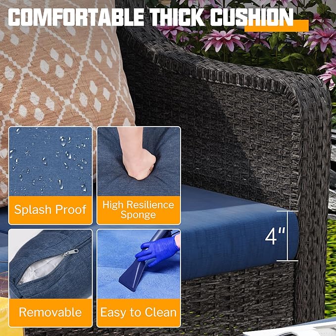 2 Pieces Patio Furniture Set,PE Rattan Wicker Chairs Outdoor with Cushions Conversation Patio Furniture Set for Garden,Backyard, Bistro (Navy Blue Cushion)