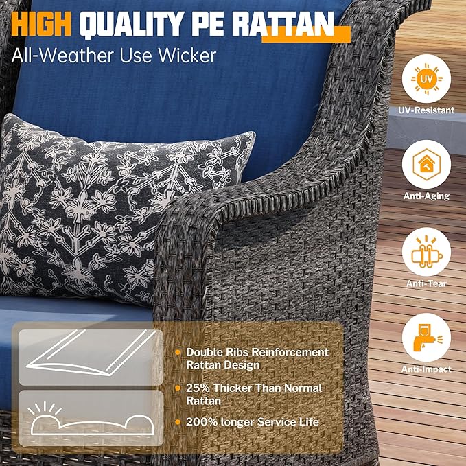 2 Pieces Patio Furniture Set,PE Rattan Wicker Chairs Outdoor with Cushions Conversation Patio Furniture Set for Garden,Backyard, Bistro (Navy Blue Cushion)