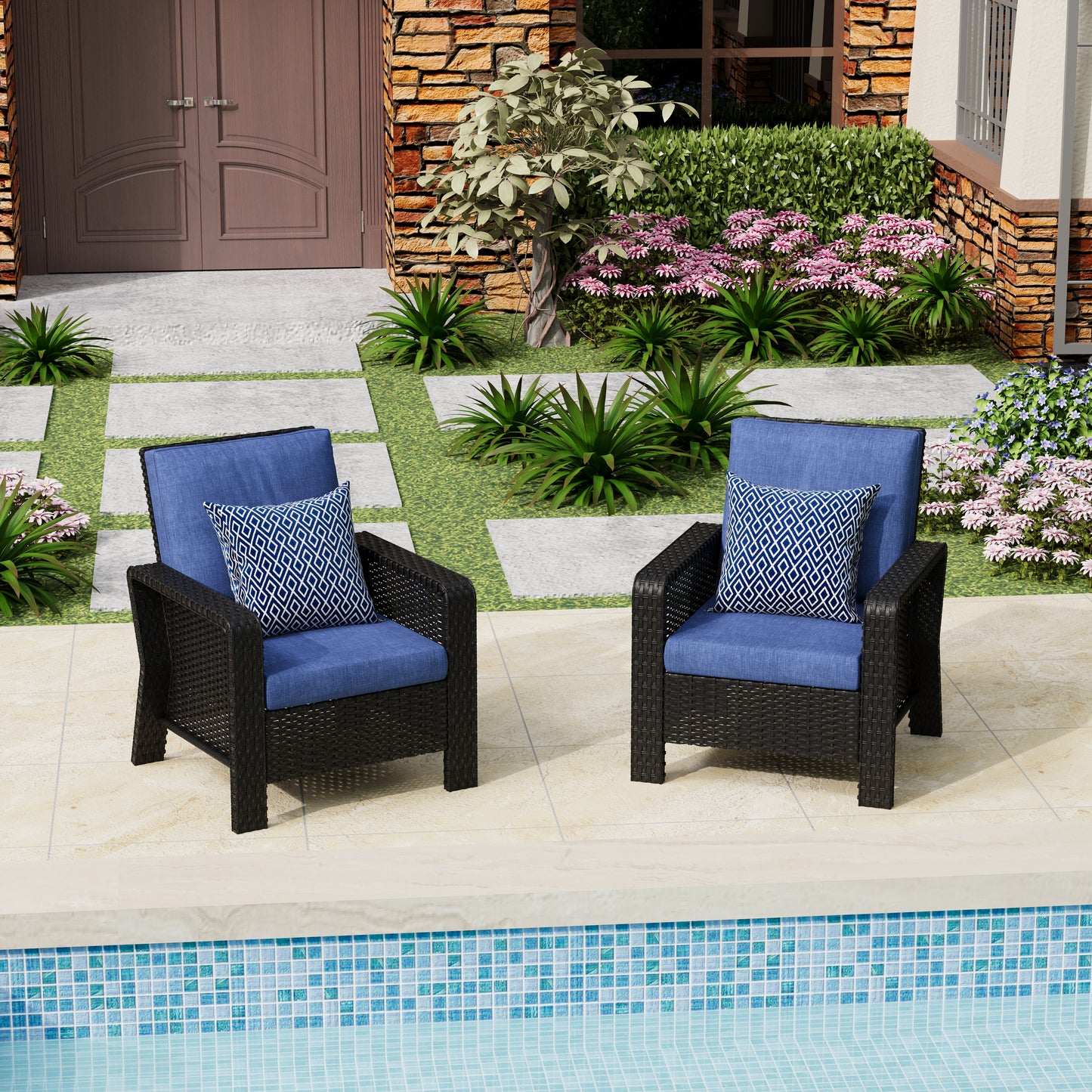 2-Piece Hand Woven Wicker Patio Seating Group with Blue Cushions