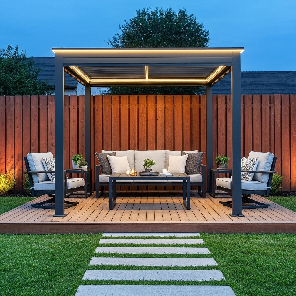 Motorized Aluminum Pergola Kit with Adjustable Louvered Roof and Screens