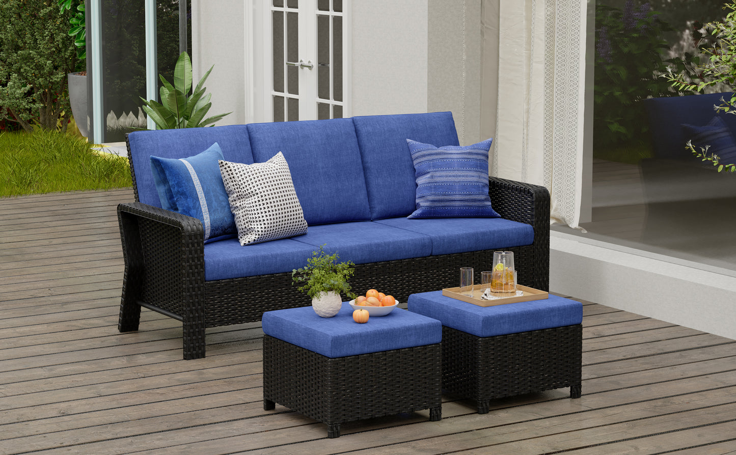 3-Piece Hand Woven Wicker Patio Seating Group with Blue Cushions
