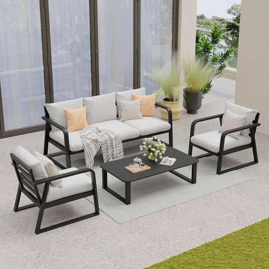 SUGOLD Alume 4 Pieces Outdoor Aluminum Furniture Set，Patio Conversation Sofa Modern Seating Set with Coffee Table