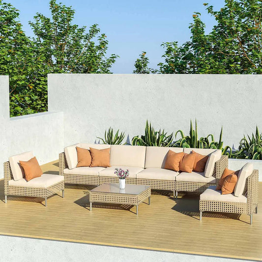 Sugold Pleasantries 7 piece PATIO Wicker Patio Furniture Set, All Weather Outdoor Sectional Sofa with Beige Thick Cushions