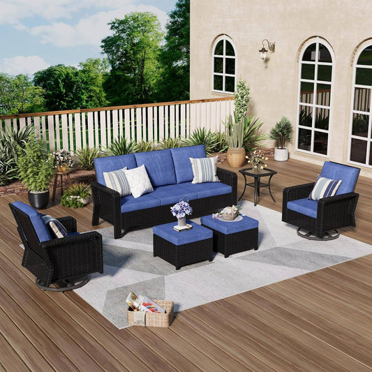Sugold Signature 6 Pieces Outdoor Patio Furniture Set with Swivel Rocker Chairs, Wicker Sectional Conversation Sets with Comfortable Blue Cushions for Backyard, Porch
