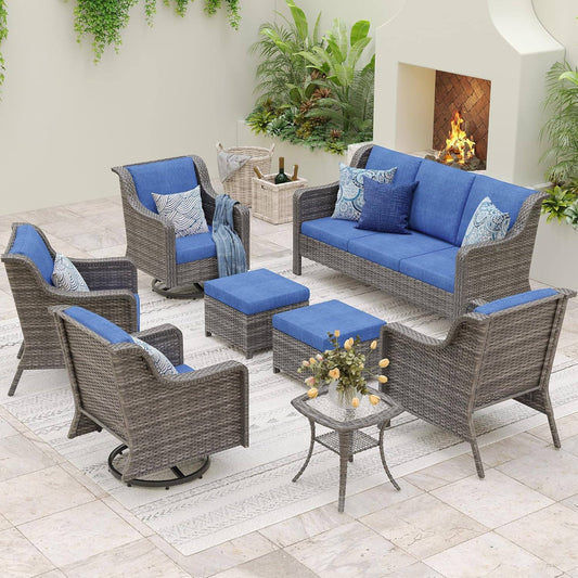 Patio Furniture Set 8 PCS, Swivel Rocking Chairs Ottomans with Side Table, High Back Outdoor Furniture Set with Cushions for Backyard, Garden, Lawn, Poolside