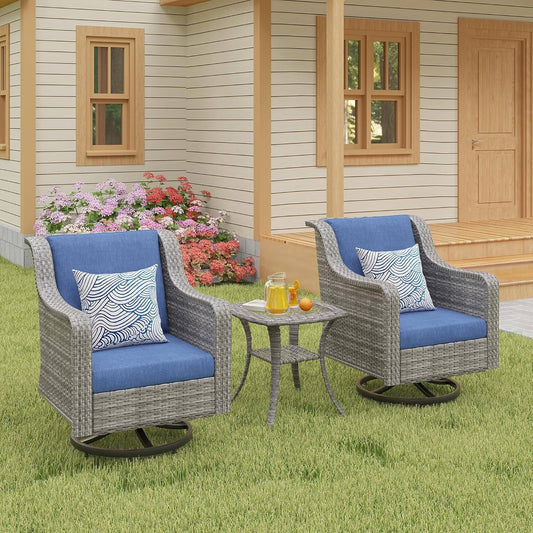 Patio Furniture Set 3 PCS, Outdoor Swivel Rocking Chairs with Side Table, High Back Outdoor Furniture Set with Comfy Cushions for Backyard, Garden, Lawn, Poolside