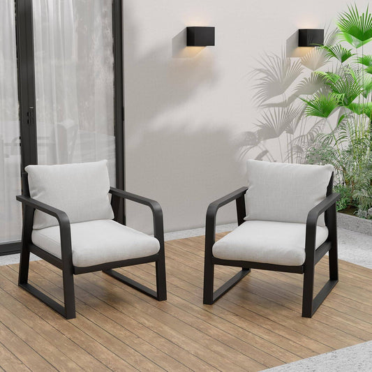 2 Piece Aluminum Outdoor Chair Set, Modern Patio Fixed Chairs, All Weather Metal Sofa Chair for Patio, Porch, Deck, Bistro(Silver Gray)