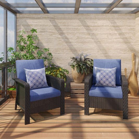 2-Piece Hand Woven Wicker Patio Seating Group with Blue Cushions
